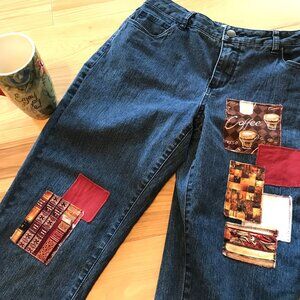 Upcycled Coldwater Creek Cropped Jeans, Coffee Books Theme Capris, Size 10